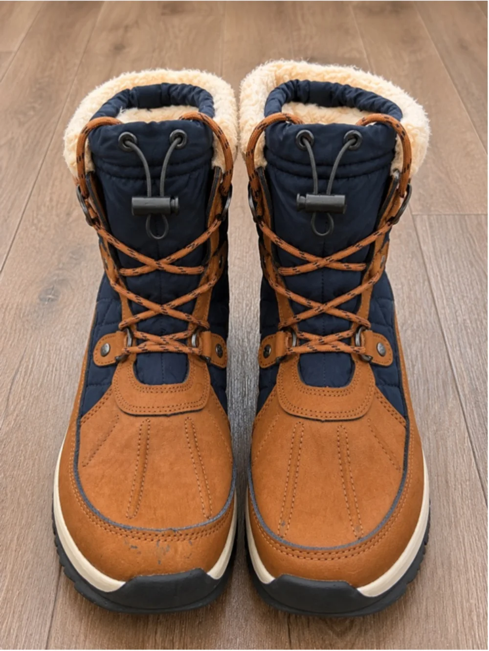Bearpaw Waterproof Snow Boots Women’s Size 7 Navy Blue Tan Faux Fur Lined Winter